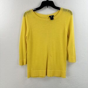 Ann‎ Taylor Sweater Womens Petite Medium PM Yellow Full Back Button 3/4 Sleeve